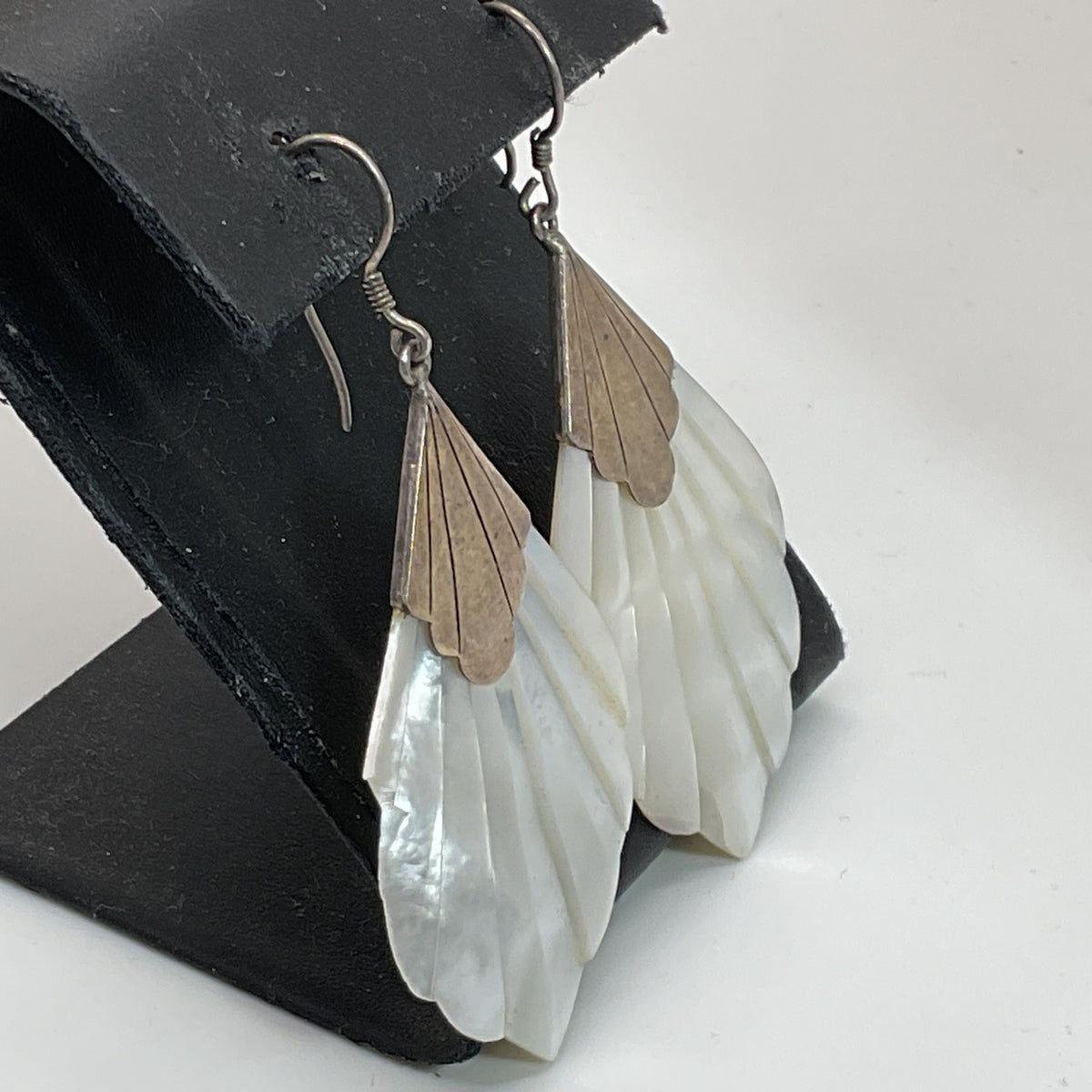 VTG. Art Deco Sterling Silver Carved Mother of Pearl 2.5" Dangle Earrings