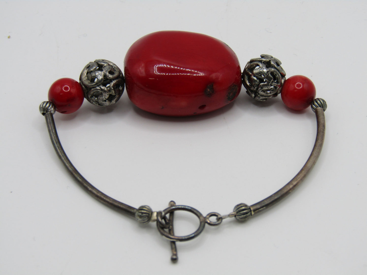 6" Red Coral Sterling Silver Clasp Toggle Bracelet