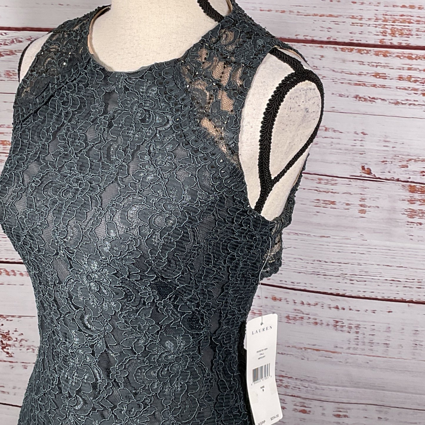 NWT LAUREN RALPH LAUREN Women's Gray Beaded Lace Sleeveless Cocktail Dress- SZ 8