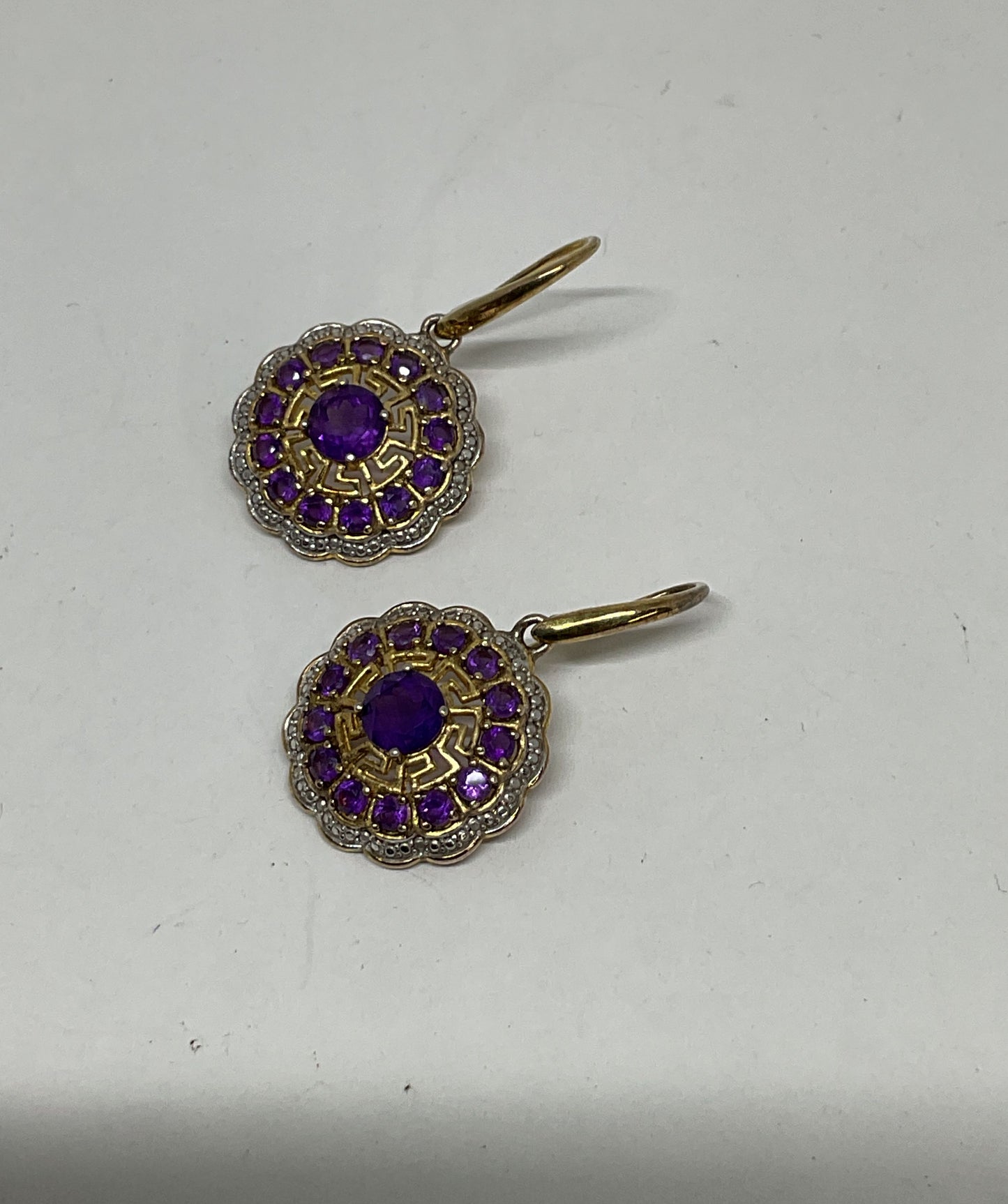 Gold Tone Sterling Silver Drop Earrings with Purple Amethysts