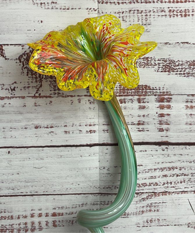 Modern Handblown Moreno Style 15" Art Glass Lily Flower Yellow