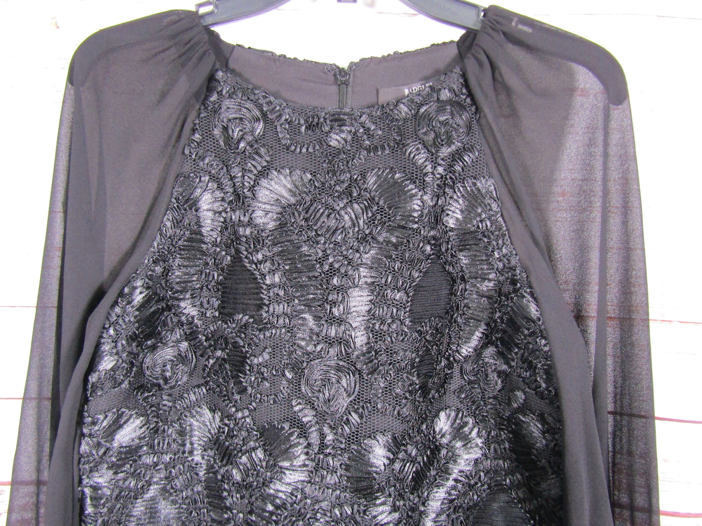 Badgley Mischka Women's Black Soutache Embellished Sheer Blouson Sleeves Dress