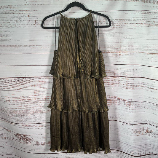 DKNY Sleeveless Tiered Metallic Brass Halter A-Line Mini Dress Size 14 w/ Tags