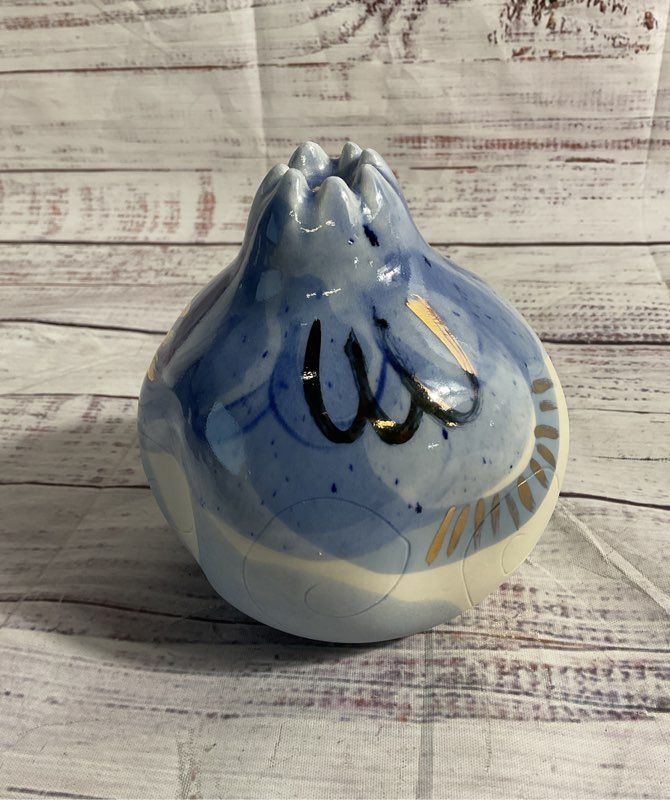 Decorative Ceramic Pomegranate Fruit Figurine Hand Painted Blue 4.5"