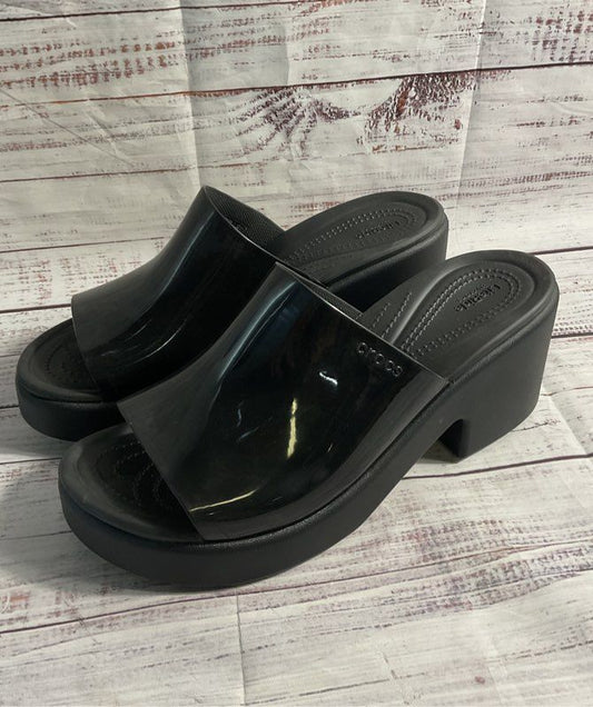 Crocs LiteRide Brooklyn Slide High Shine Black Chunky Heel Sandals Women's Sz 11