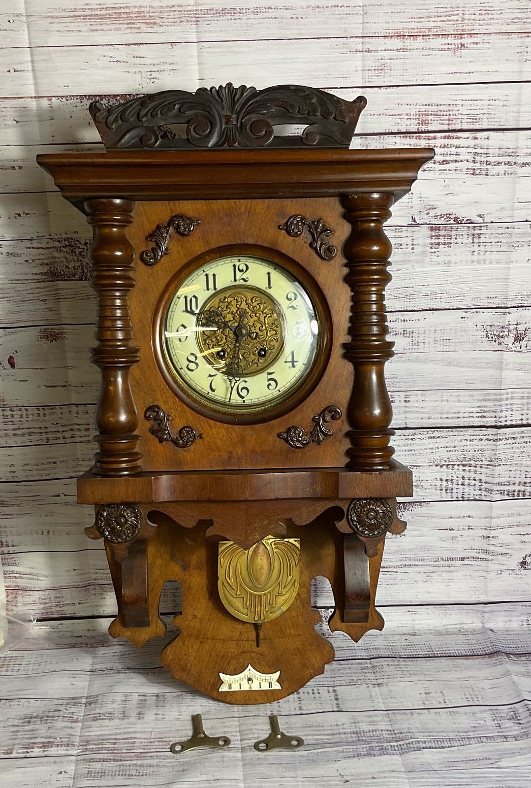 ANTIQUE German Oak Wood Pendulum Wall Clock with Keys- 28"