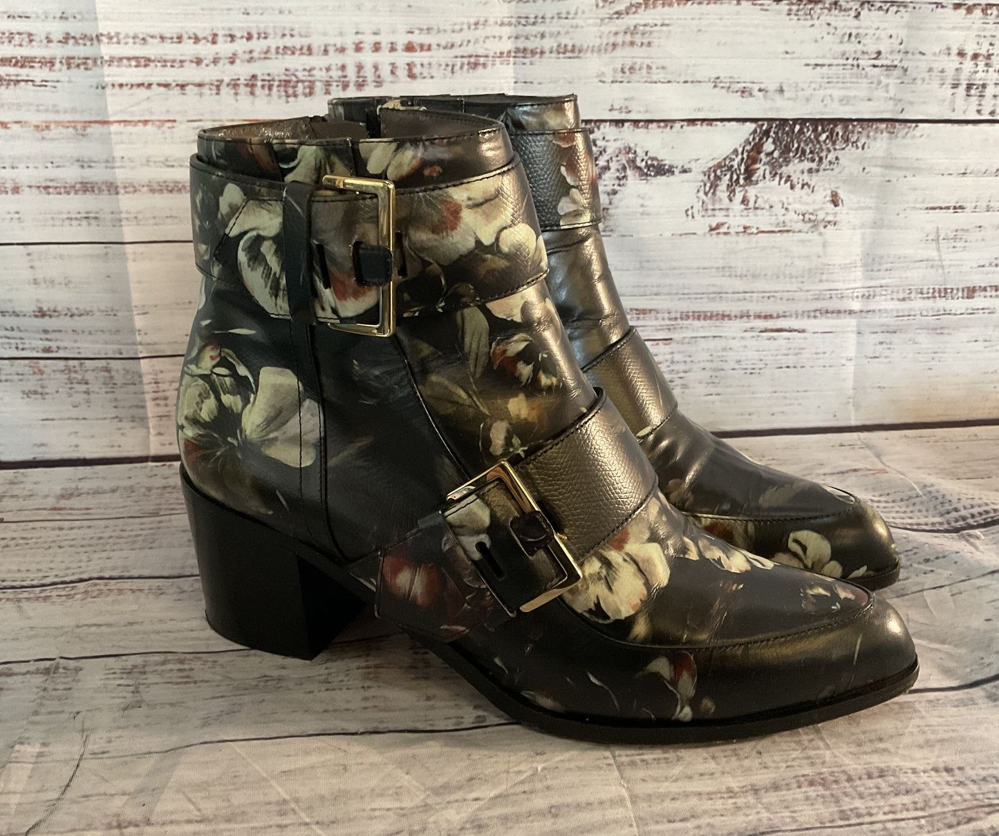 Jason Wu Floral Print Leather Buckle Ankle Booties Black 36