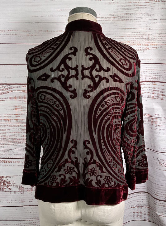 Citron Velvet Trim Mesh 3/4 Sleeve Shirt Red Green M