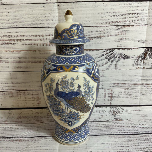 VTG. PANDA Pottery Peacock Motif Jar with Lid- 10.5"