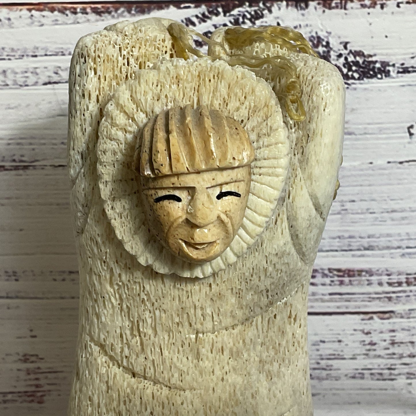RICHARD OLANNA Carved Whalebone Eskimo Figurine Sculpture- 7.25"