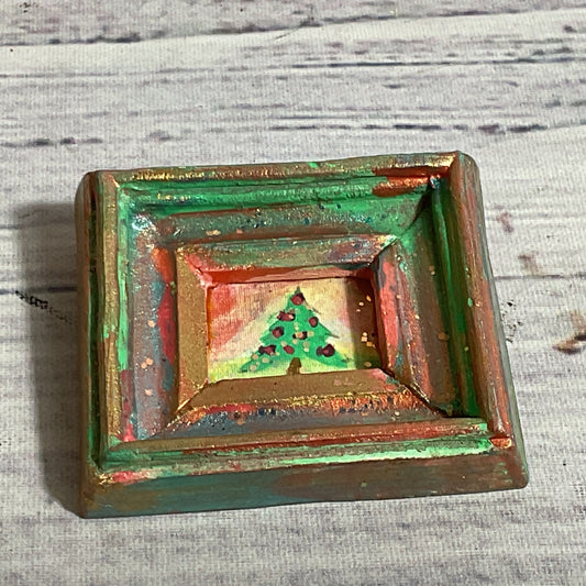 Signed VTG. SCHUPPE SR. Miniature Framed Christmas Tree Painting Brooch- 1.5"