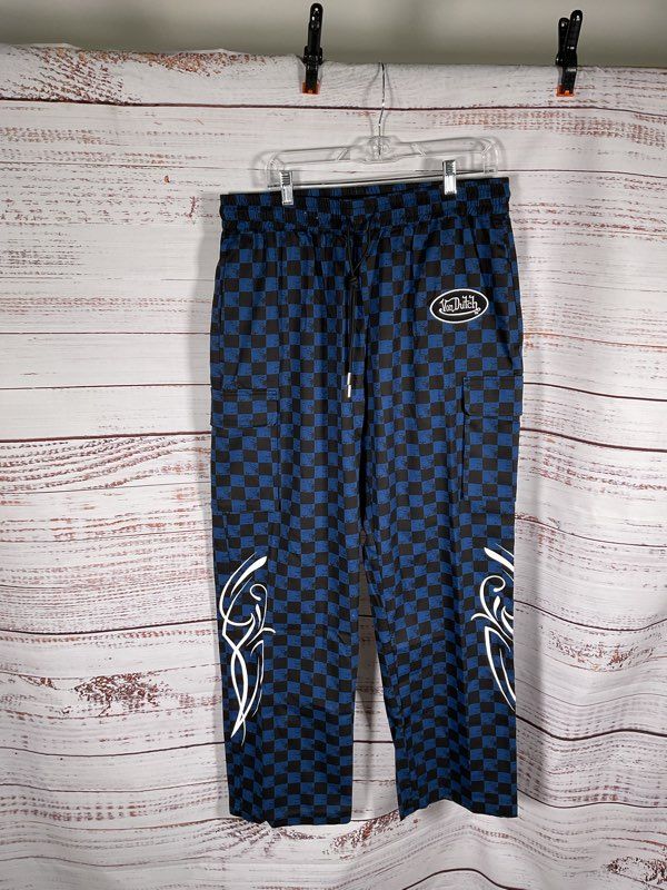 Von Dutch Men's Checkered Black & Blue Jogger Logo Pants Size L