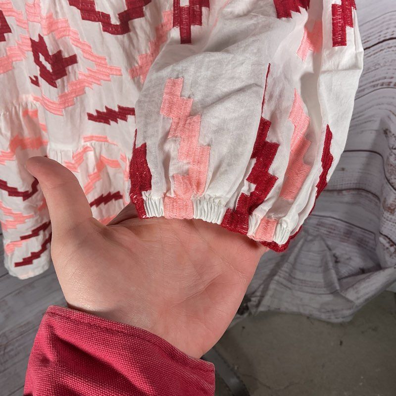 Greek Archaic Kori White/Red/Pink Cotton Embroidered Tunic Mini Dress Size Small