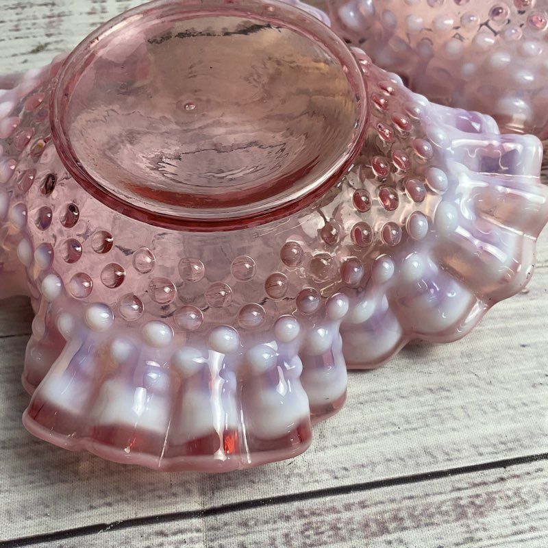Set Of 2 Vintage Opalescent Pink Ruffle Edge Hobnail Glass 5" Trinket Dishes