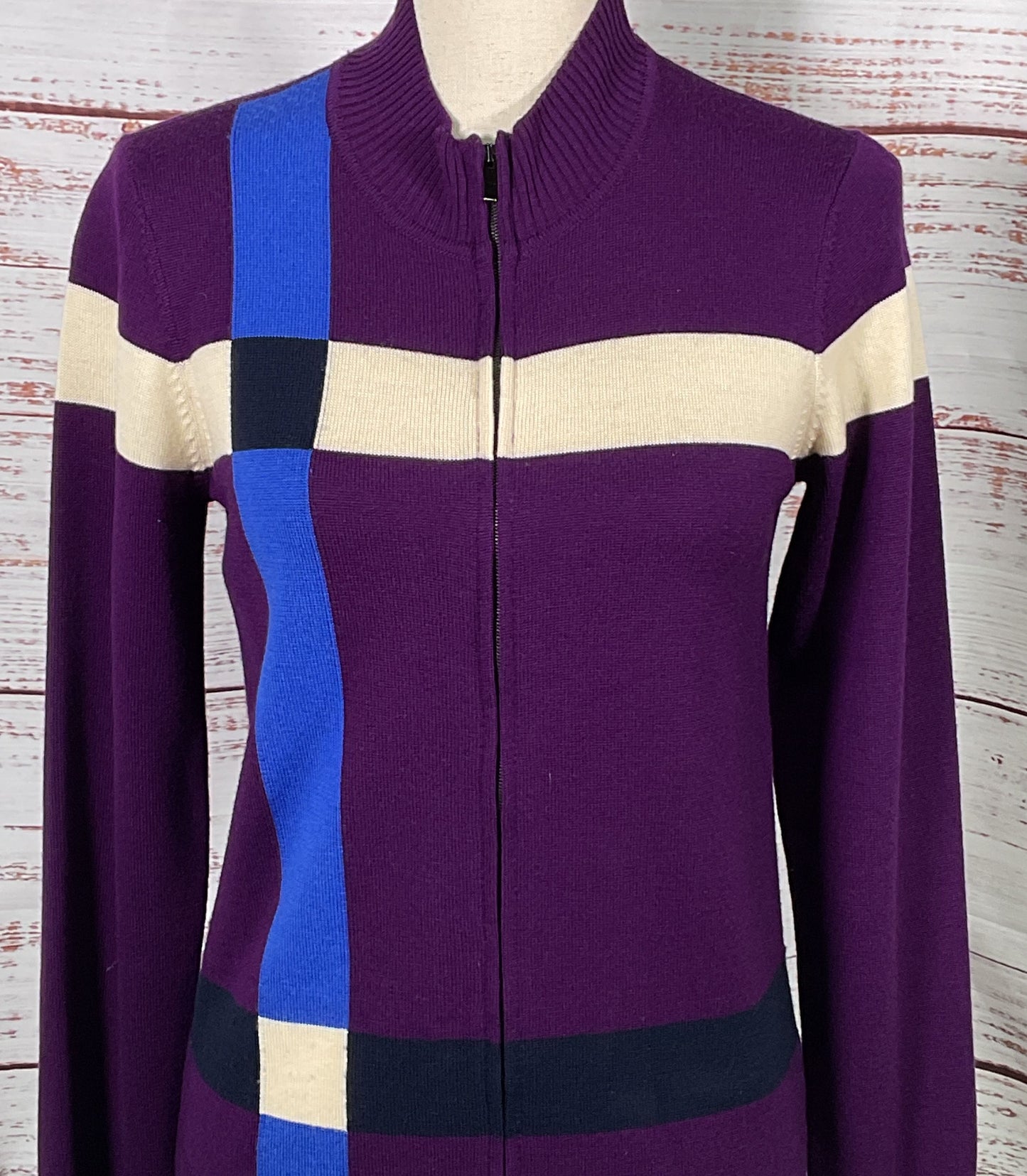 St. John Color Block Wool Zip Front Sweater Purple P