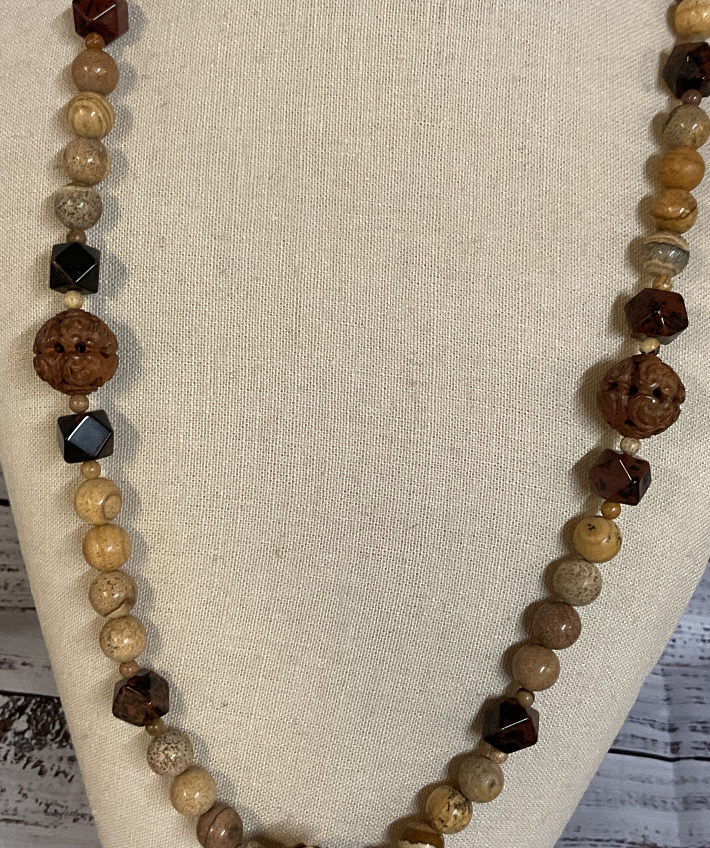 Jasper Beaded Carved Wood Dragon Pendant Vintage Necklace Silver Filigree Clasp