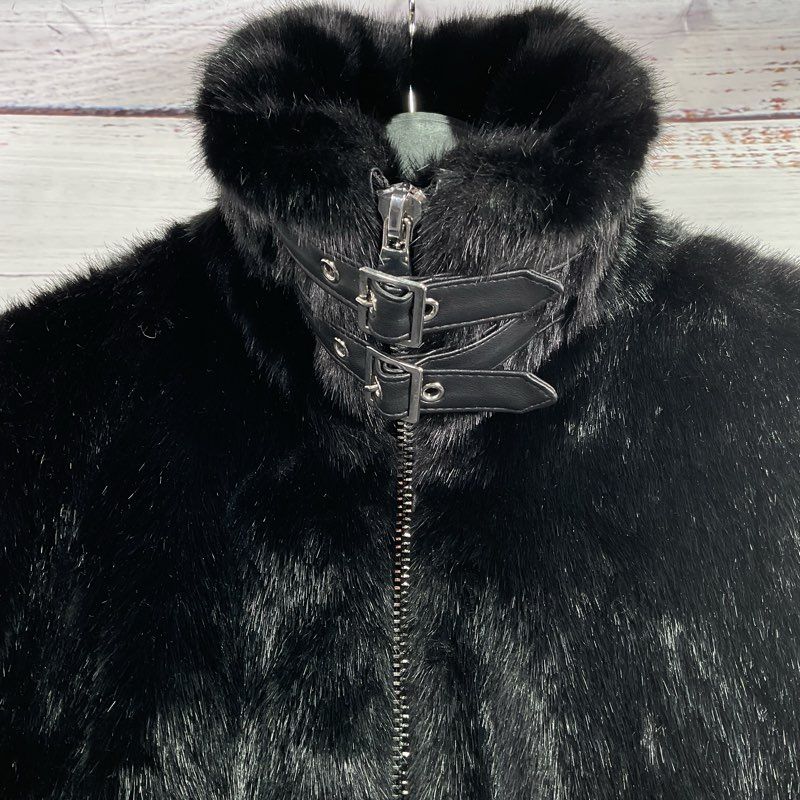 Karl Lagerfeld Paris Black Faux Fur Buckled High Collar Jacket Women's XS