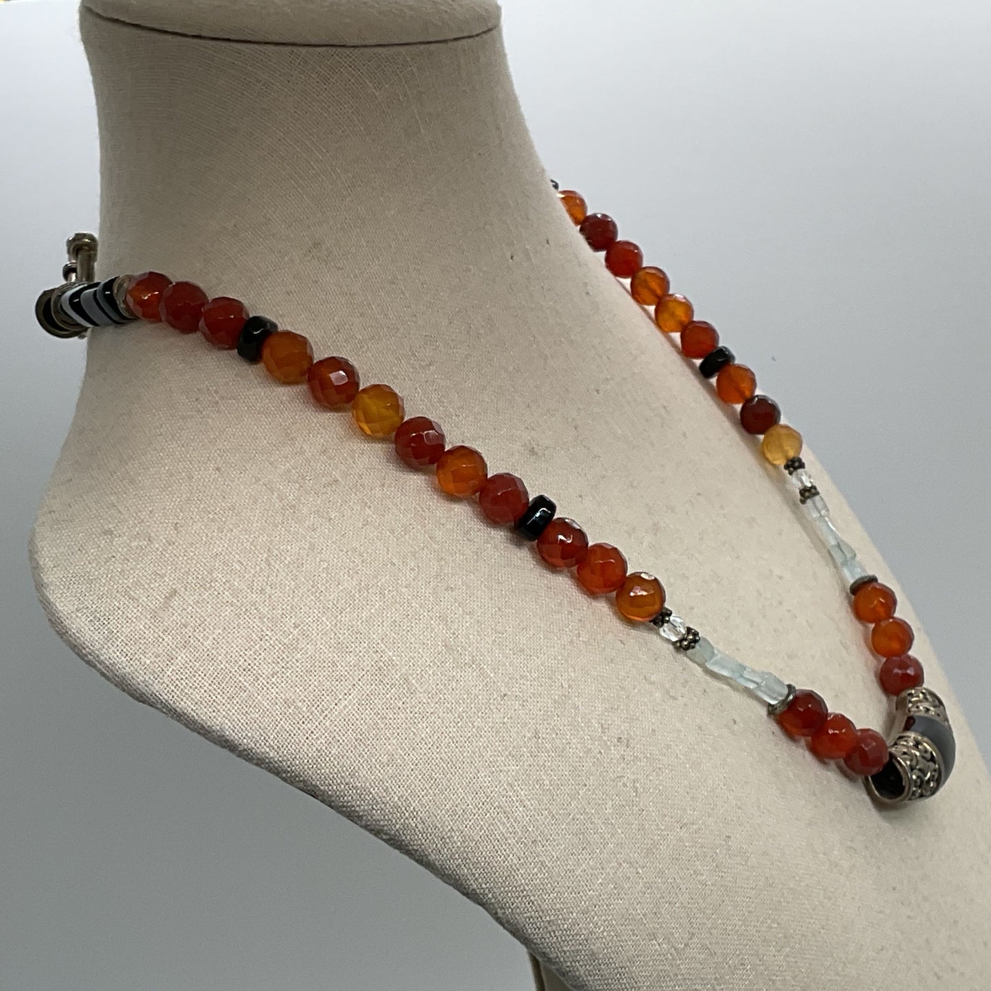 Sterling Silver Gemstone Onyx & Aquamarine Beaded Necklace- 19"