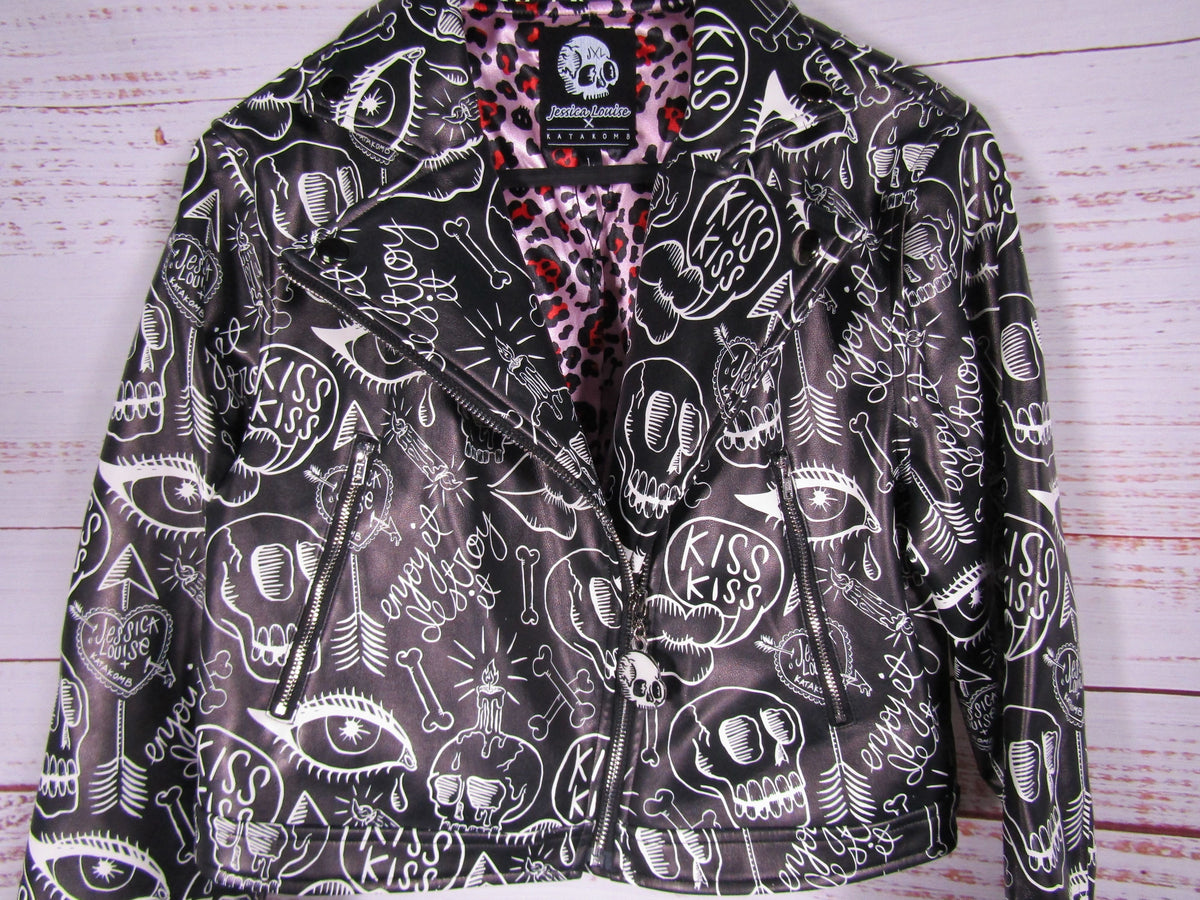 Jessica Louise Women's Black Faux Leather Graffiti Moto Jacket Size L