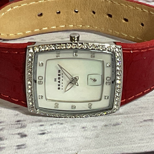 SKAGEN Denmark 384SSLR8A Women's Silver Tone MOP Dial Red Band Watch