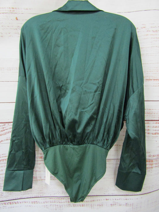 Commense Women's Green Satin Collared Long Sleeve Bodysuit Size XS