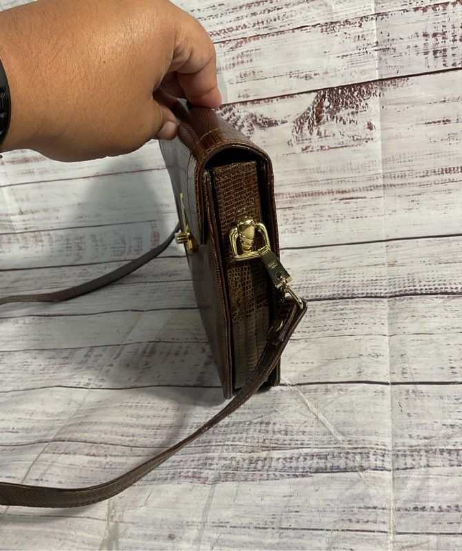 Vintage Brown Snake Embossed Leather Front Flap Shoulder Bag Women's