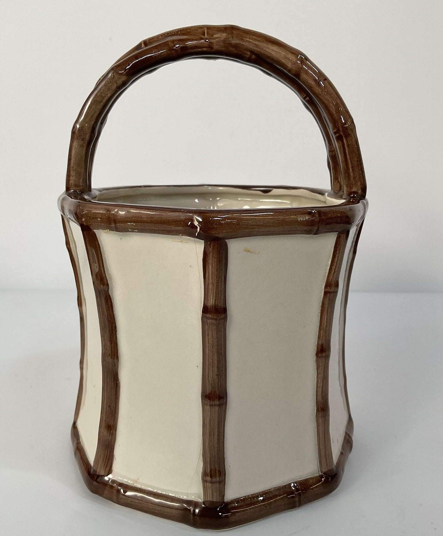 Vintage Fitz and Floyd Bamboo Motif Ceramic Basket Vase
