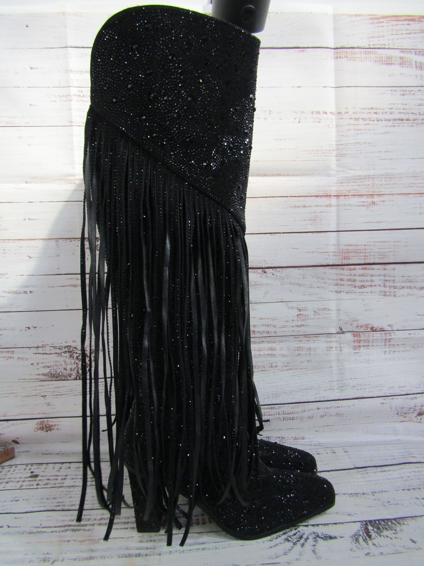 Ouepiano Women's Black Faux Leather Fringe Studded Western Boots Size 8