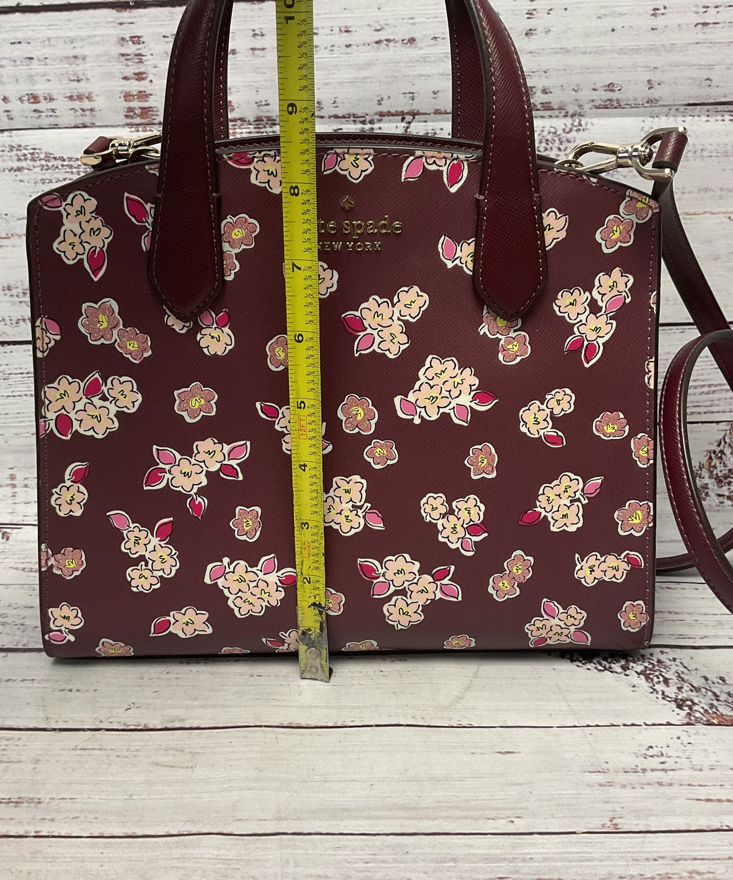 Kate Spade Frosted Floral Tinsel Deep Berry Satchel Top Handle Purse Bag