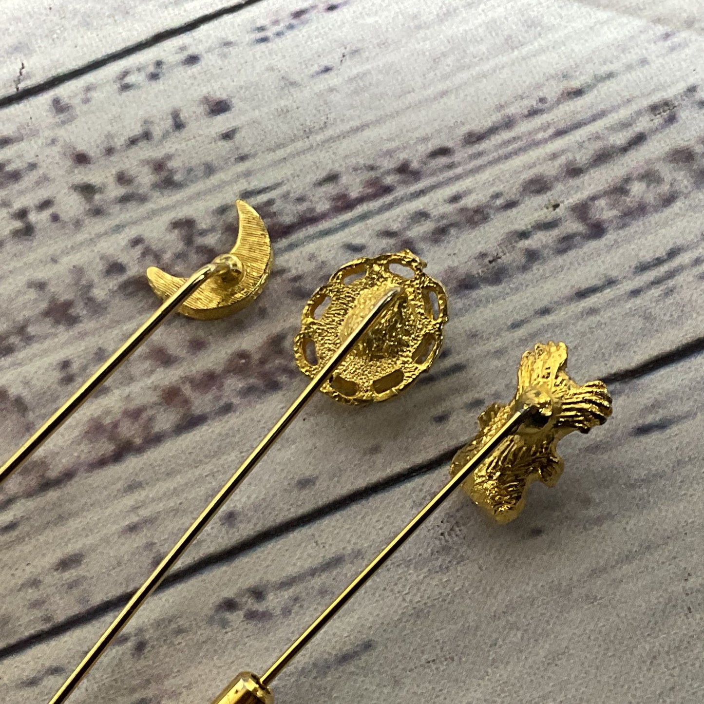 Set of 3 VTG. Gold Tone Bear, Moon, Cabochon Stick Pins