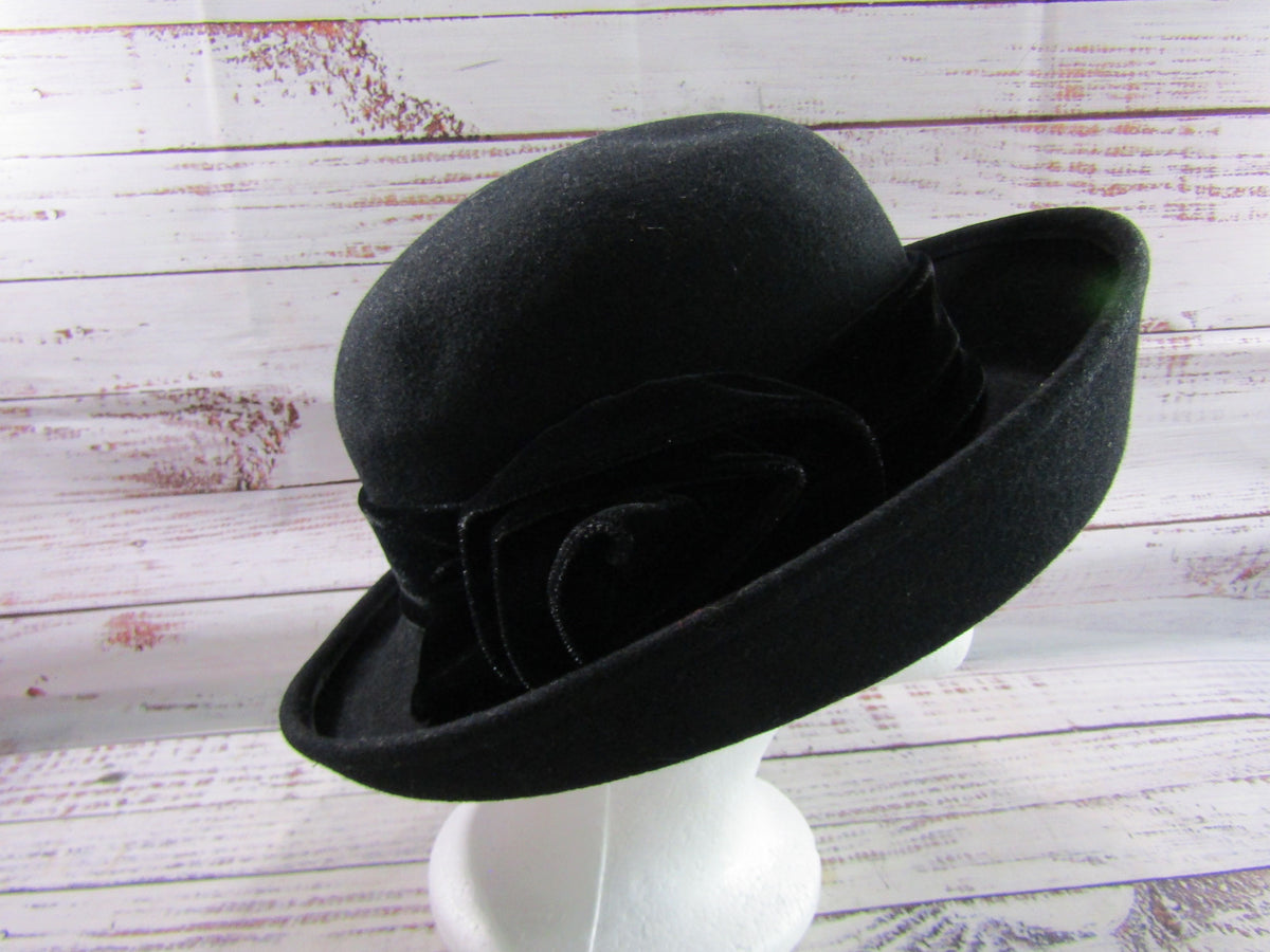 Scala Women's Black Wool Floral Velvet Trim Cloche Hat Size S