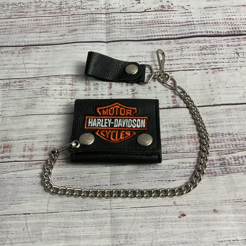 Harley Davidson Black Leather Tri-Fold Logo Patch Chain Wallet - Size 3.5"