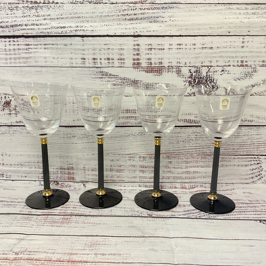 Sasaki Water/wine Glasses Black Stem Base Gold Accents Set Of 4