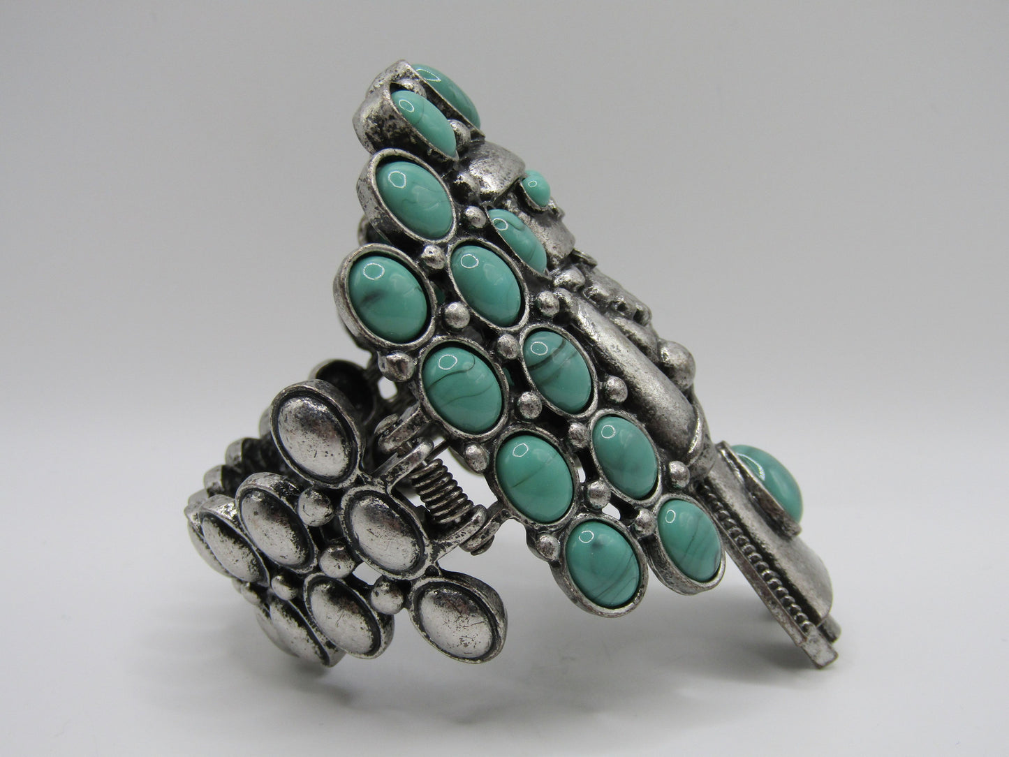 Crown Nine Southwestern Kachina Deity Faux Turquoise Hinged Bangle Bracelet