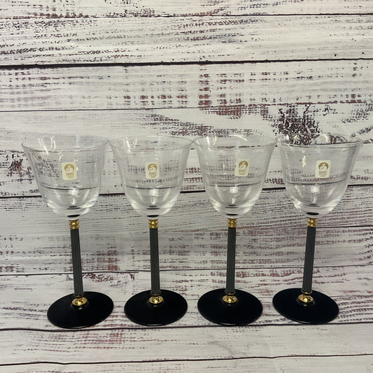 Sasaki Water/Wine Glasses Black Stem Base Gold Accents Set Of 4 2/3