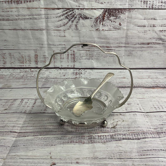 VTG Davidson Press Glass Blackberry Prunt 5" Bowl W/ Silver Plated Stand & Spoon