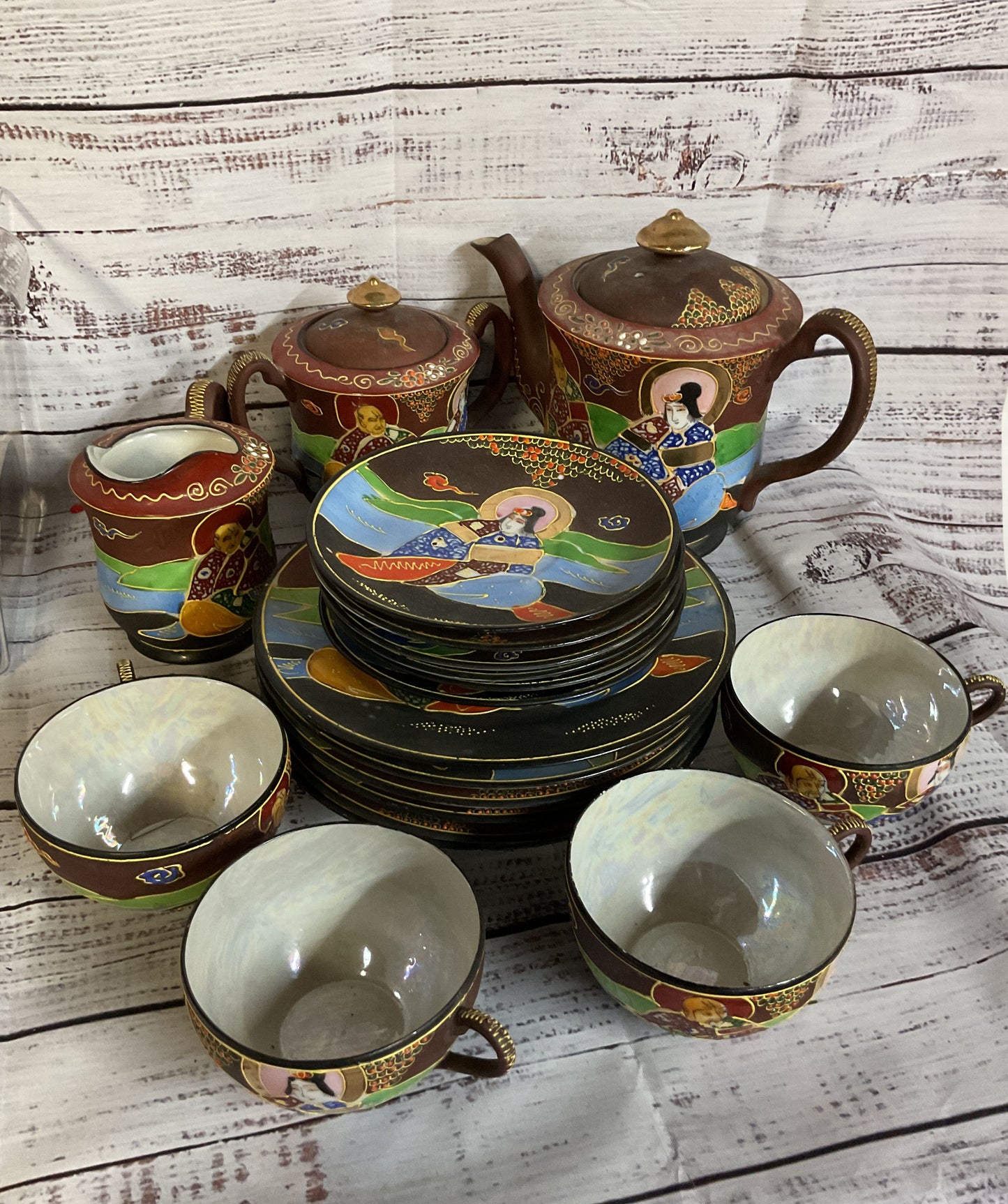 Vintage Japanese Satsuma Moriage Tea Set Cups Saucers Teapot Plates 16Pcs