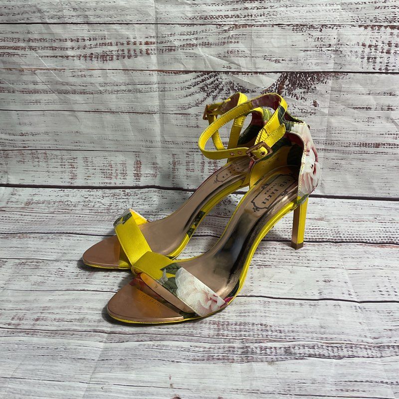 Ted Baker Yellow Floral Satin Strappy Heels Women's Size 7.5 US