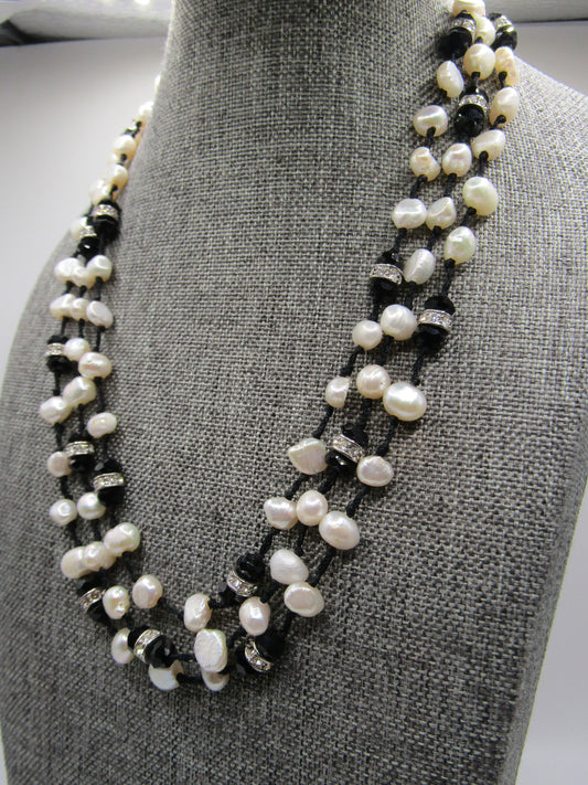 16 1/4" Multi Strand Freshwater Baroque Pearl Onyx Rhinestone Necklace