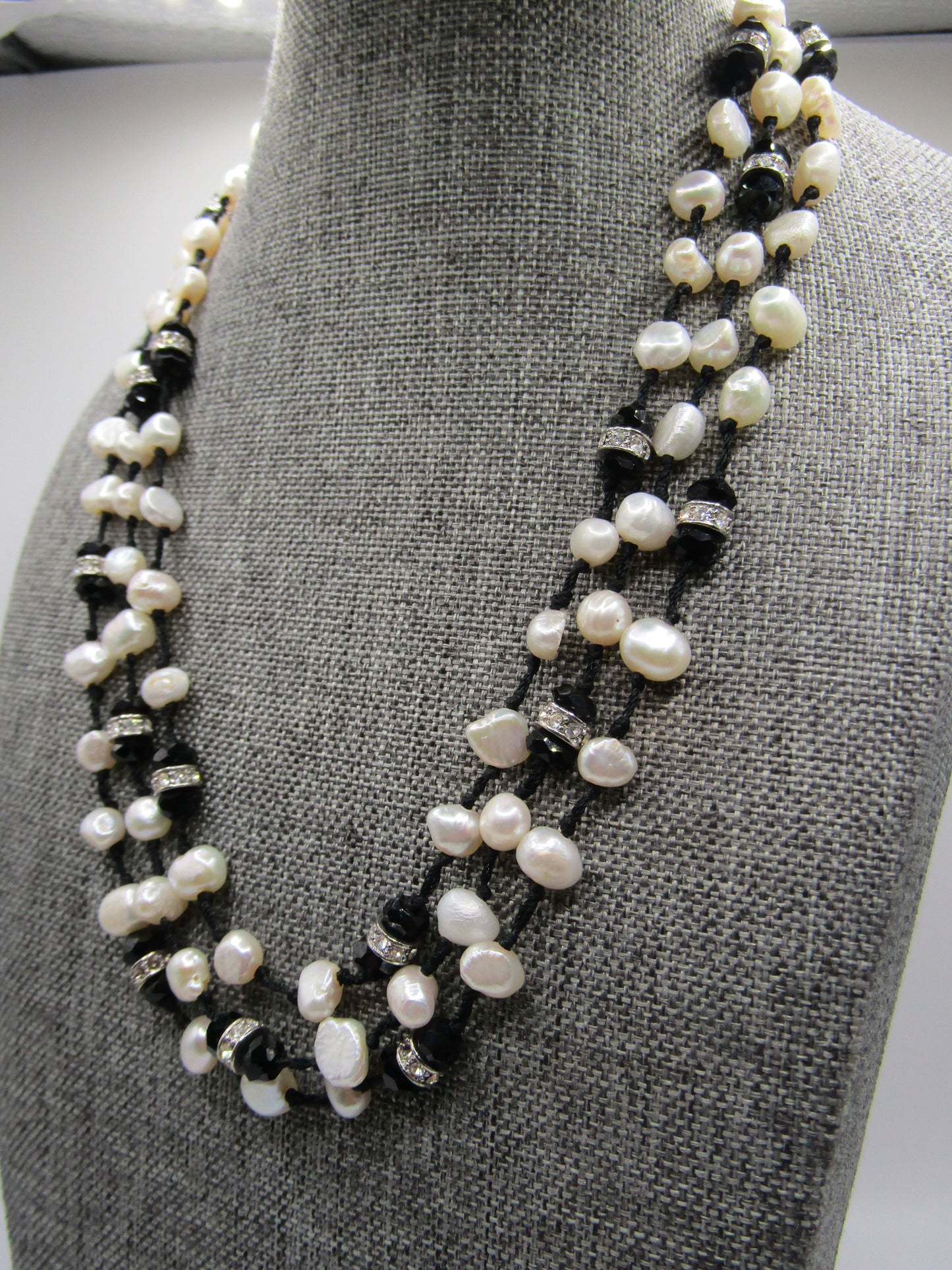 16 1/4" Multi Strand Freshwater Baroque Pearl Onyx Rhinestone Necklace