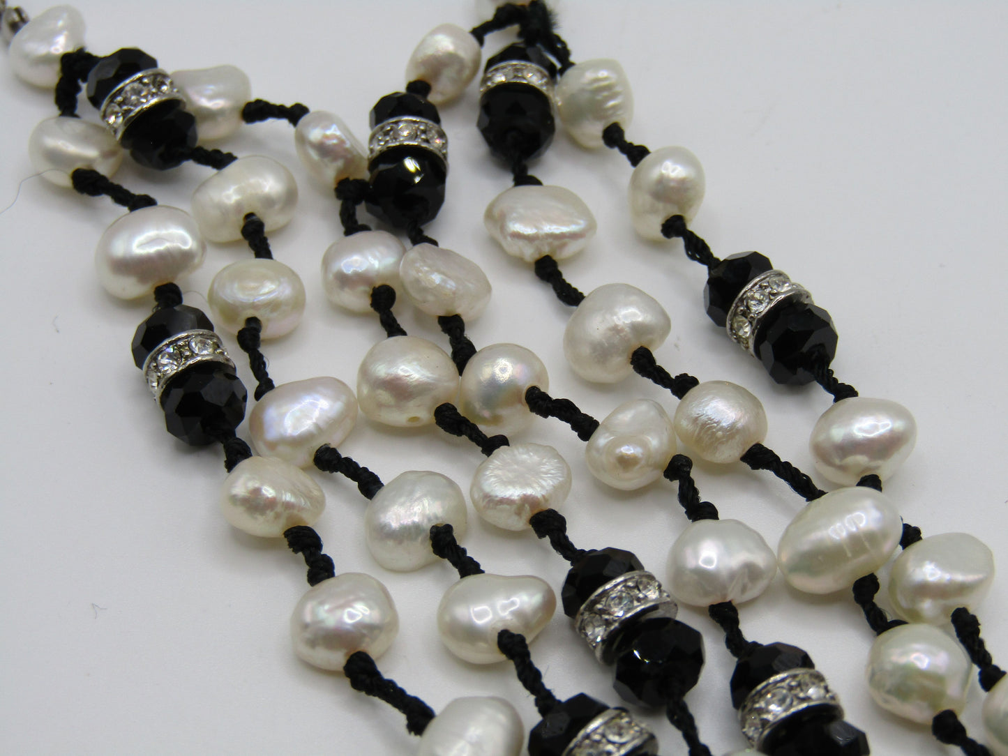 16 1/4" Multi Strand Freshwater Baroque Pearl Onyx Rhinestone Necklace