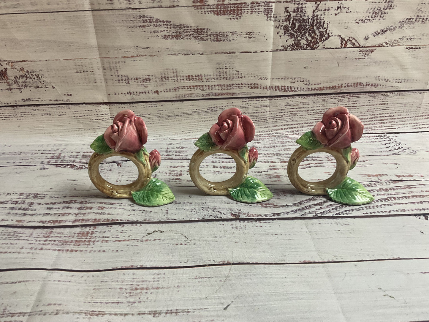 Set Of 3 FF Japan Ceramic Rose Napkin Rings