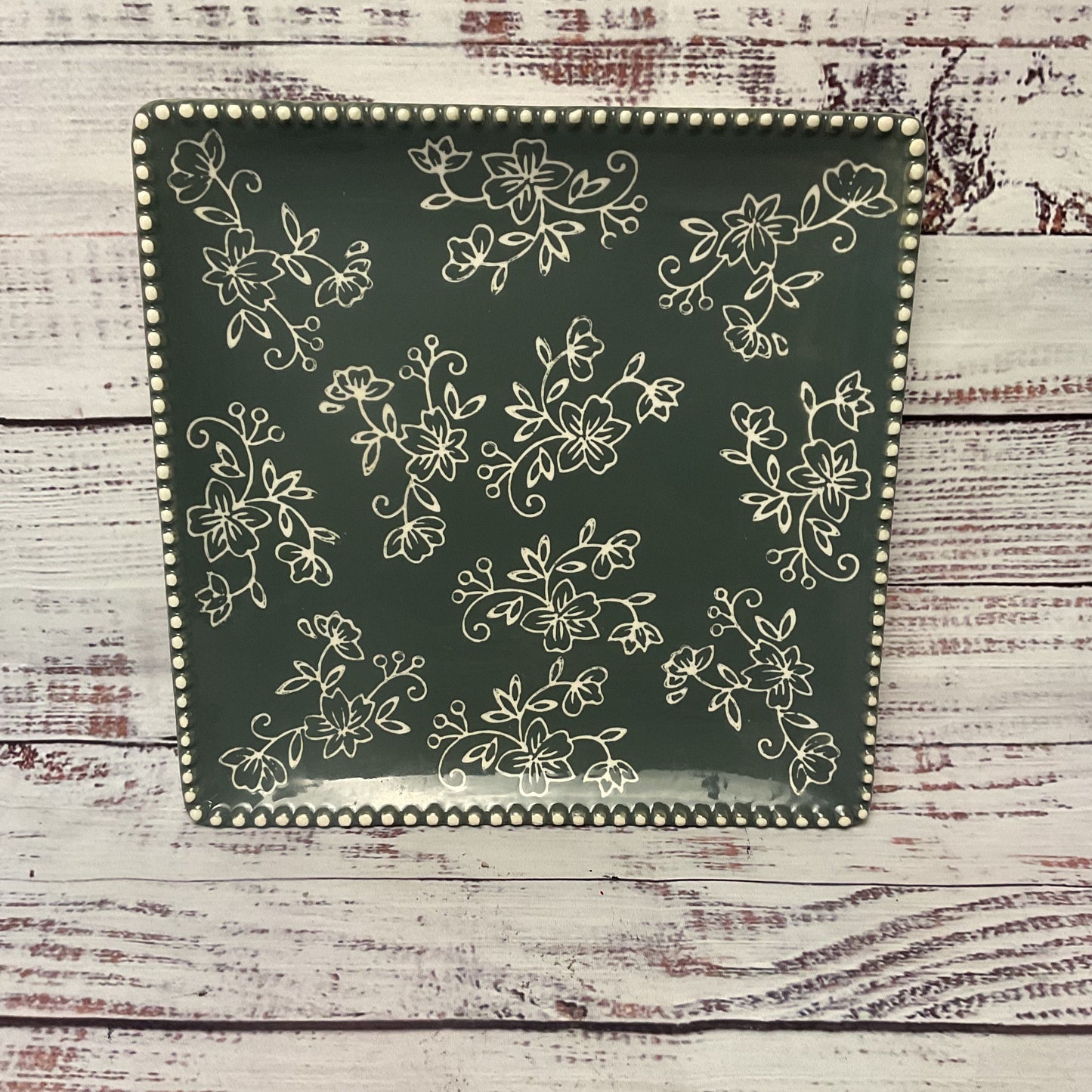 Temp-Tations Green Grey Floral Lace Ceramic Square Dish 8.5" 3 Dishes