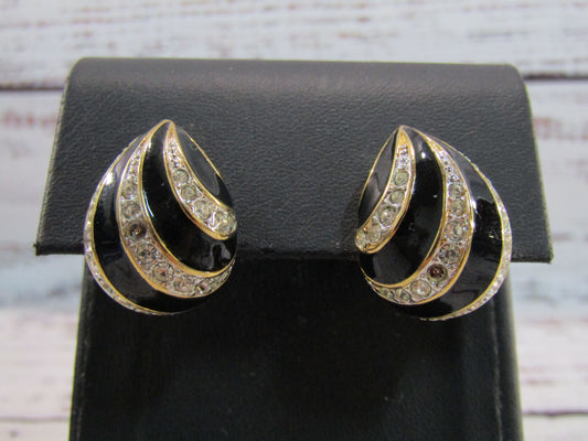 Vintage Nina Ricci Gold Plated Rhinestone Accent Black Enamel Clip-on Earrings