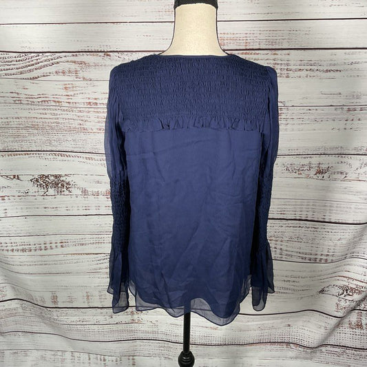 Diane Von Furstenberg Shear Navy Silk Long Sleeve Tunic Blouse - Size M