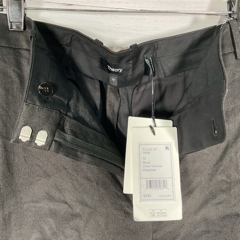 NWT Theory Classic Straight Black Linen Viscose Pants - Size 12 MSRP $345