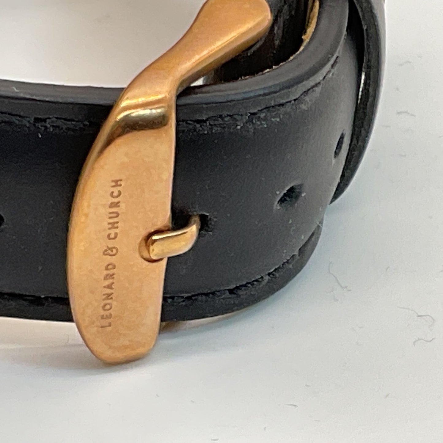 LEONARD & CHURCH Men's Gold Tone Black Leather Band Watch