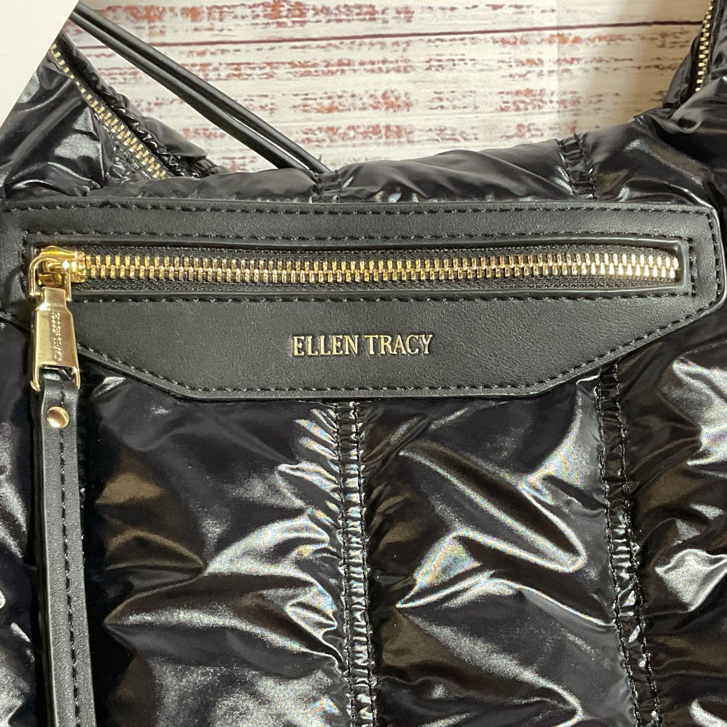 NWT ELLEN TRACY The Teagan Black Patent Puffer Quilted Nylon Hobo Crossbody