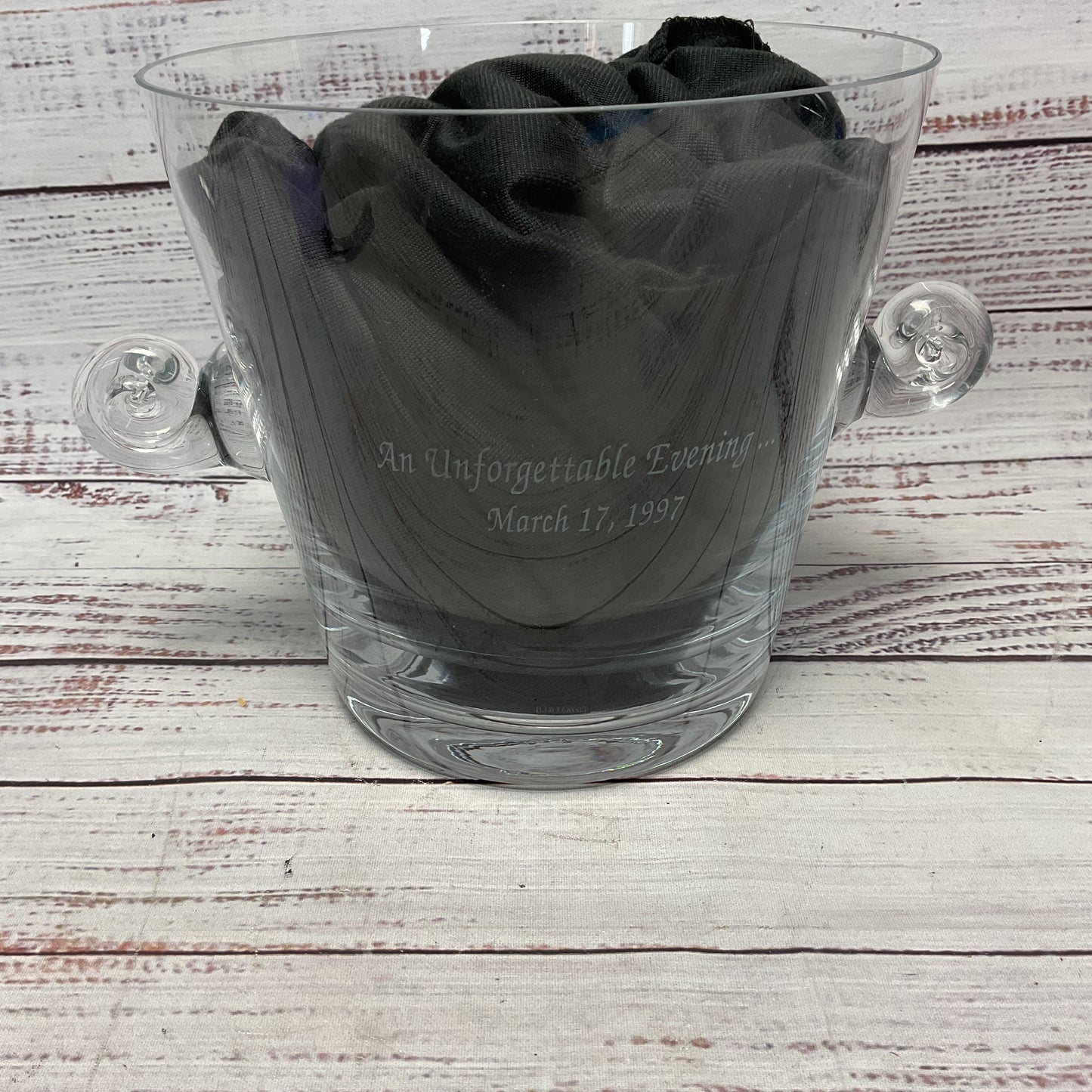 Tiffany & Co. Scroll Handled Crystal Ice Bucket Engraved March 17th 1997 Date 6"