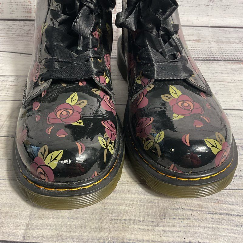 Dr Martens Black 1460 Pascal Youth Patent Leather Floral Combat Boot Kid's 5